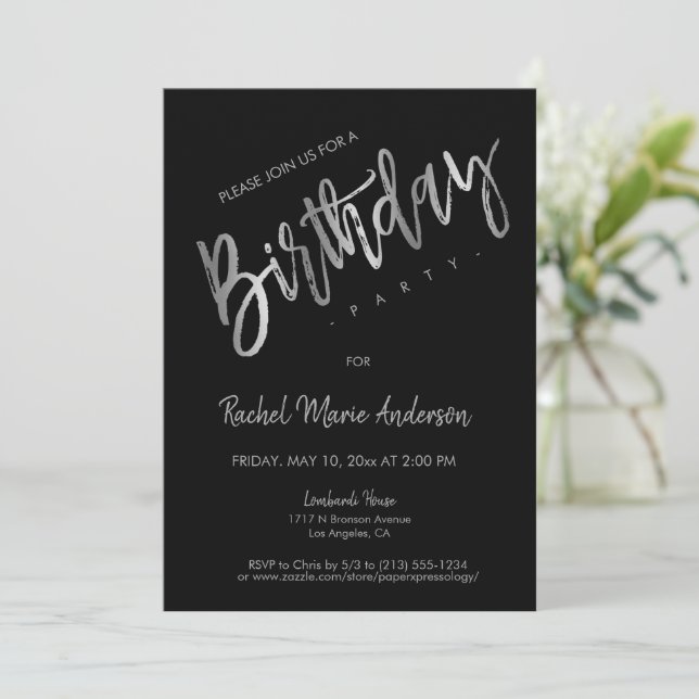 Invitation Fête d'anniversaire simple Black Silver Foil (Debout devant)