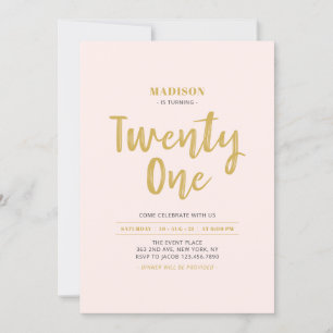 Invitation Fête d'anniversaire simple de 21 ans rose et or