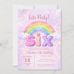 Invitation Fête d'anniversaire Six Arc-en-ciel Rose Violet Pa