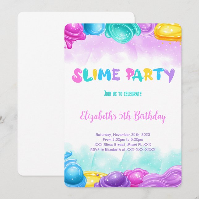 Invitation Fête d'anniversaire Slime modifiable (Devant / Derrière)