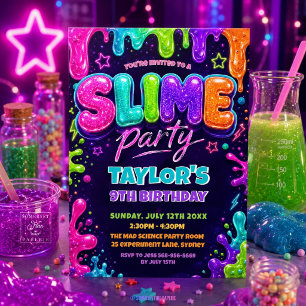 Invitation Fête d'anniversaire Slime Néon Paillettes