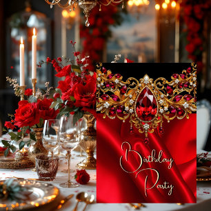 Invitation Fête d'anniversaire Soie Rouge Rubis bijou Gemme N