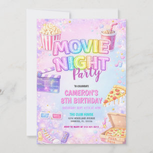 Invitation Fête d'anniversaire soirée cinéma pastel rose 
