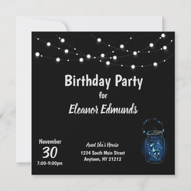 Invitation Fête d'anniversaire soirée lucioles personnalisabl (Devant)