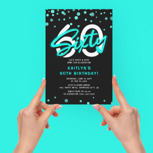 Invitation Fête d'anniversaire soixante ans Neon Teal