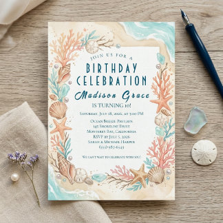 Invitation Fête d'anniversaire sous la mer Coquillages de pla