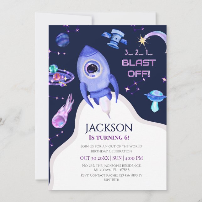 Invitation Fête d'anniversaire spatiale pour garçons Fusée 6è (Devant)