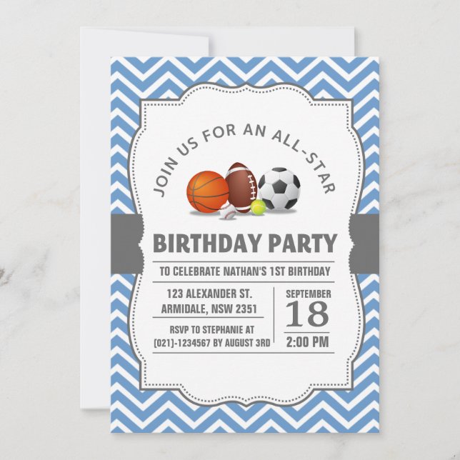 Invitation Fête d'anniversaire sportive personnalisée et étoi (Devant)