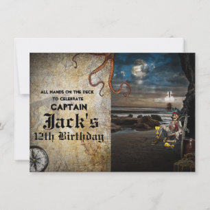 Invitation Fête d'anniversaire Squelette de pirate sur la pla
