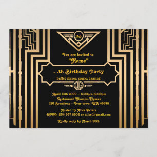 Invitation Fête d'anniversaire, style Gatsby, Art Déco, or&no