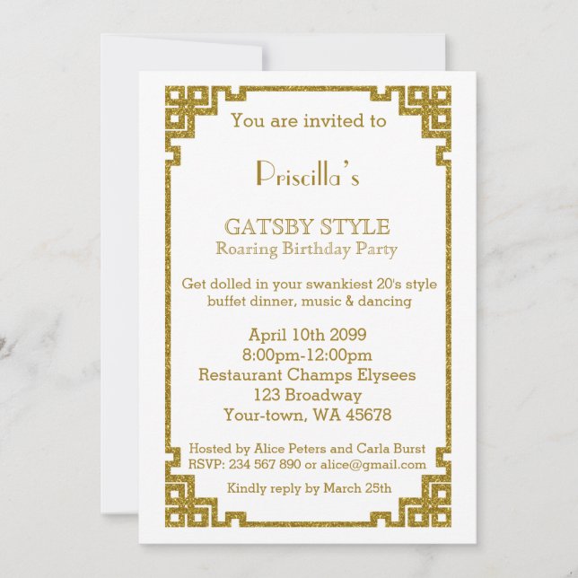 Invitation Fête d'anniversaire, style Gatsby, blanc & or (Devant)