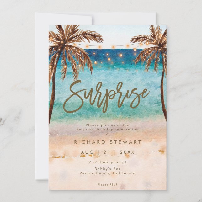 Invitation fête d'anniversaire sur la plage tropicale (Devant)