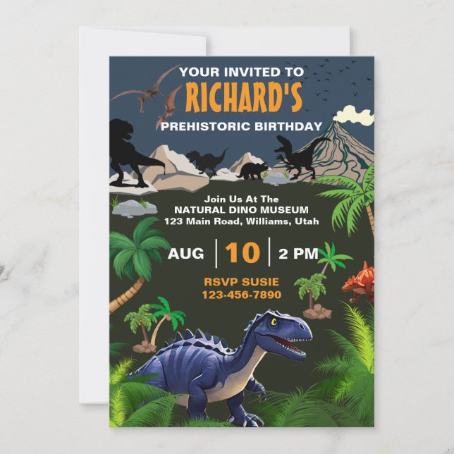 Invitation Fête d'anniversaire sur le thème des dinosaures pr (Devant)