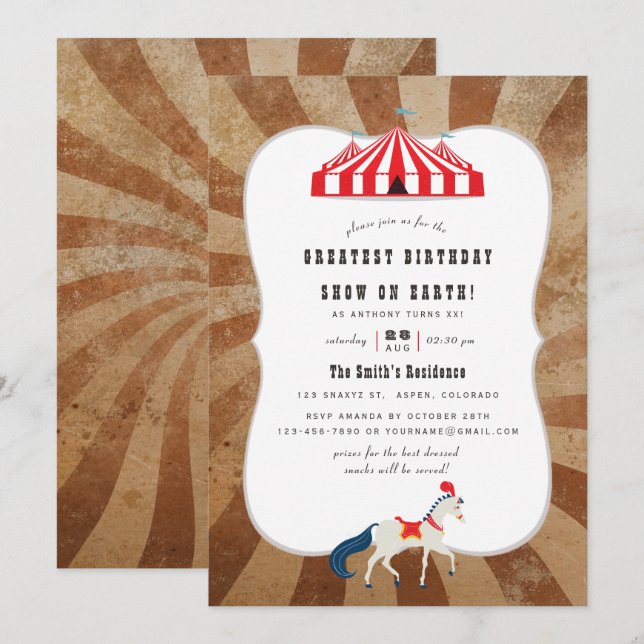 Invitation Fête d'anniversaire sur le thème du cirque vintage (Devant / Derrière)