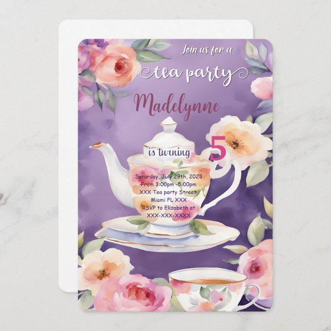 Invitation Fête d'anniversaire sur le thème du thé floral (Devant / Derrière)