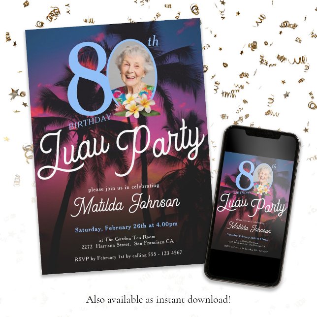 Invitation Fête d'anniversaire sur mesure avec photo personna (80th Birthday Luau Party Modern Fun Custom Photo Invitation)
