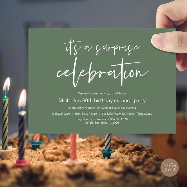 Invitation Fête d'anniversaire surprise (Surprise Birthday Party Celebration Invitation Card, PDF, in Forest Sage Green)