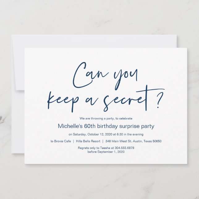 Invitation Fête d'anniversaire surprise, bleu marine (Devant)