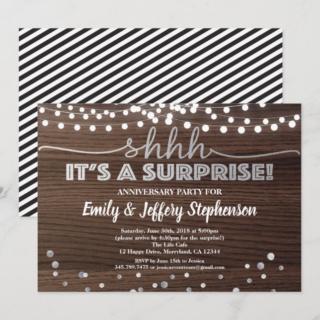 Invitation Fête d'anniversaire surprise bois & argent (Devant / Derrière)