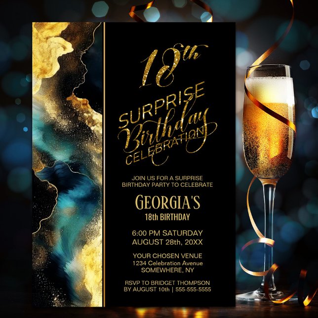 Invitation Fête d'anniversaire surprise Céleste Or Noir 18 an (Créateur téléchargé)