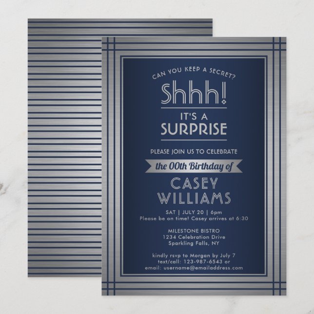 Invitation Fête d'anniversaire surprise élégante bleu marine  (Devant / Derrière)