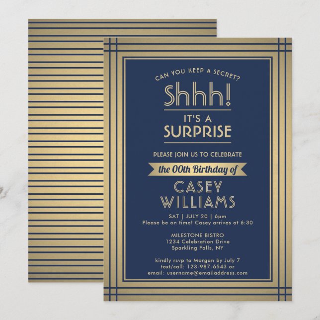 Invitation Fête d'anniversaire surprise élégante bleu marine  (Devant / Derrière)