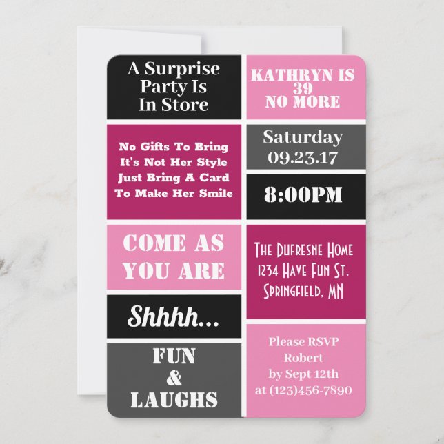 Invitation Fête d'anniversaire surprise fun & moderne II (Devant)