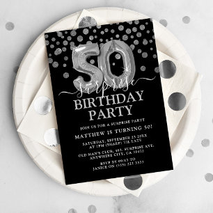 Invitation Fête d'anniversaire surprise moderne noir et argen