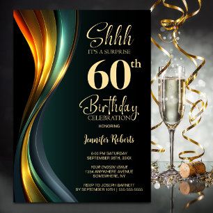 Invitation Fête d'anniversaire surprise moderne noir et or po