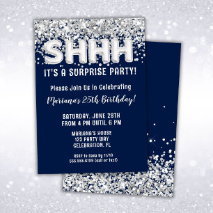 Invitation Fête d'anniversaire surprise Navy Blue Silver Glit