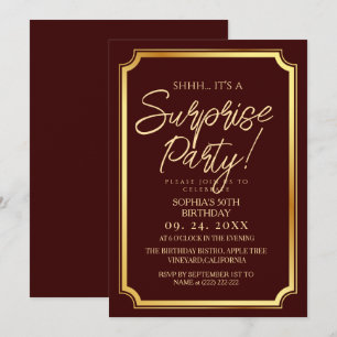 Invitation Fête d'anniversaire surprise Or & Bourgogne 50 ans