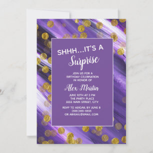 Invitation Fête d'anniversaire surprise pailletée or et viole