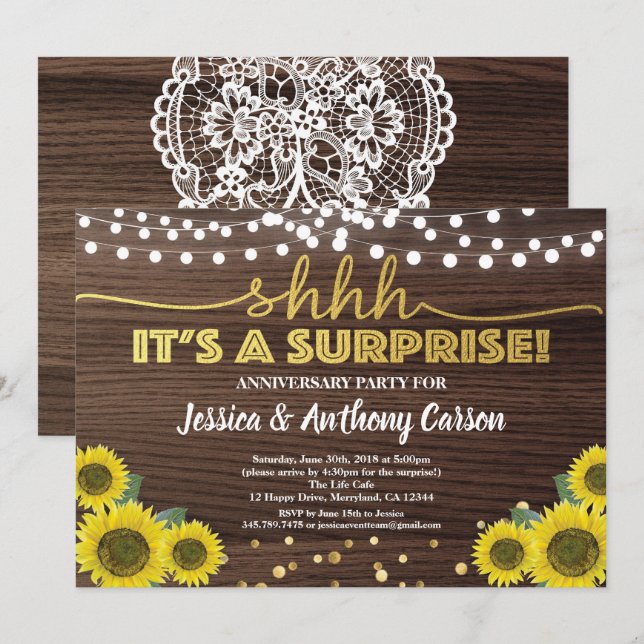 Invitation Fête d'anniversaire surprise rustique tournesol or (Devant / Derrière)