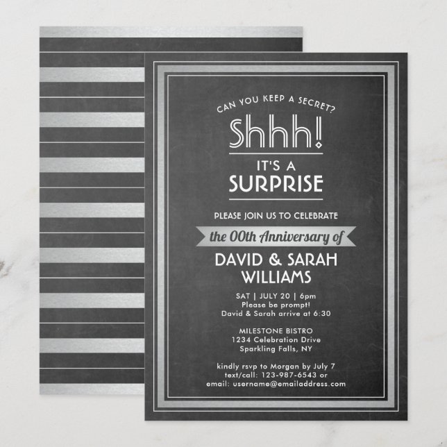 Invitation Fête d'anniversaire surprise - Tableau noir et arg (Devant / Derrière)