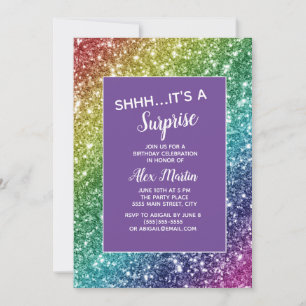 Invitation Fête d'anniversaire surprise Violet Paillettes Arc