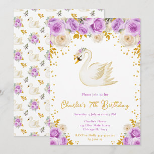 Invitation Fête d'anniversaire Swan Purple et Gold Roses