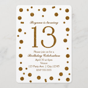 Invitation Fête d'anniversaire Sweet 13 à pois pailletés blan