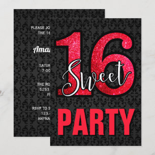 Invitation Fête d'anniversaire Sweet 16 Black Damask Red Glit