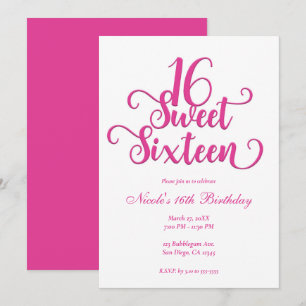 Invitation Fête d'anniversaire Sweet 16 blanc et rose chaud 