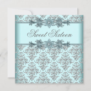 Invitation Fête d'anniversaire Sweet 16 Bleu sarcelle Damassé
