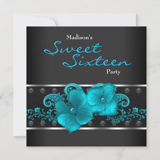 Invitation Fête d'anniversaire Sweet 16 Bleu sarcelle Noir (Devant)