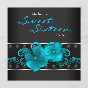 Invitation Fête d'anniversaire Sweet 16 Bleu sarcelle Noir