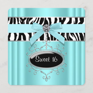 Invitation Fête d'anniversaire Sweet 16 bleu sarcelle Zèbre