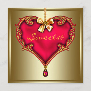 Invitation Fête d'anniversaire Sweet 16 Cœur Rouge Or