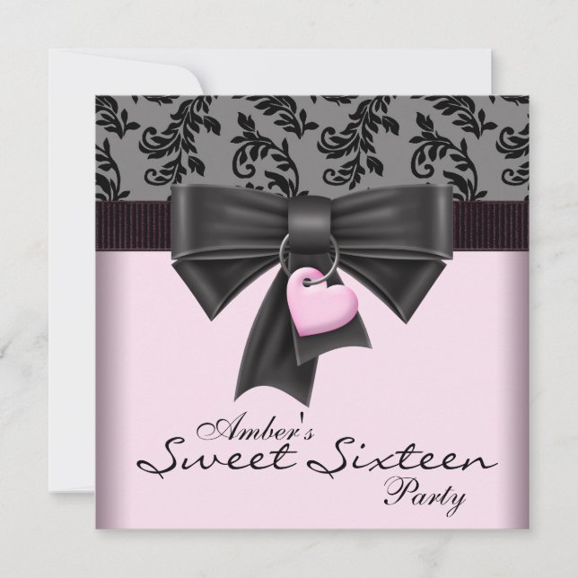 Invitation Fête d'anniversaire Sweet 16 Damask noir rose (Devant)