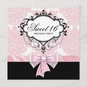 Invitation Fête d'anniversaire Sweet 16 Damask noir rose