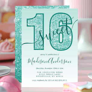 Invitation Fête d'anniversaire Sweet 16 écriture pailletée Aq