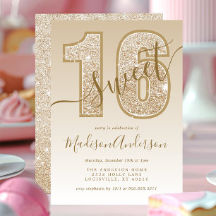 Invitation Fête d'anniversaire Sweet 16 écriture pailletée or