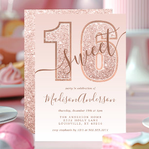 Invitation Fête d'anniversaire Sweet 16 écriture pailletée or