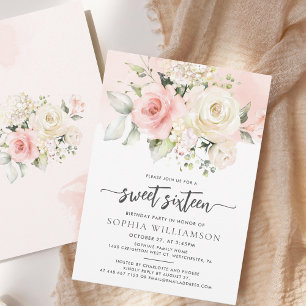 Invitation Fête d'anniversaire Sweet 16 Fleurs roses